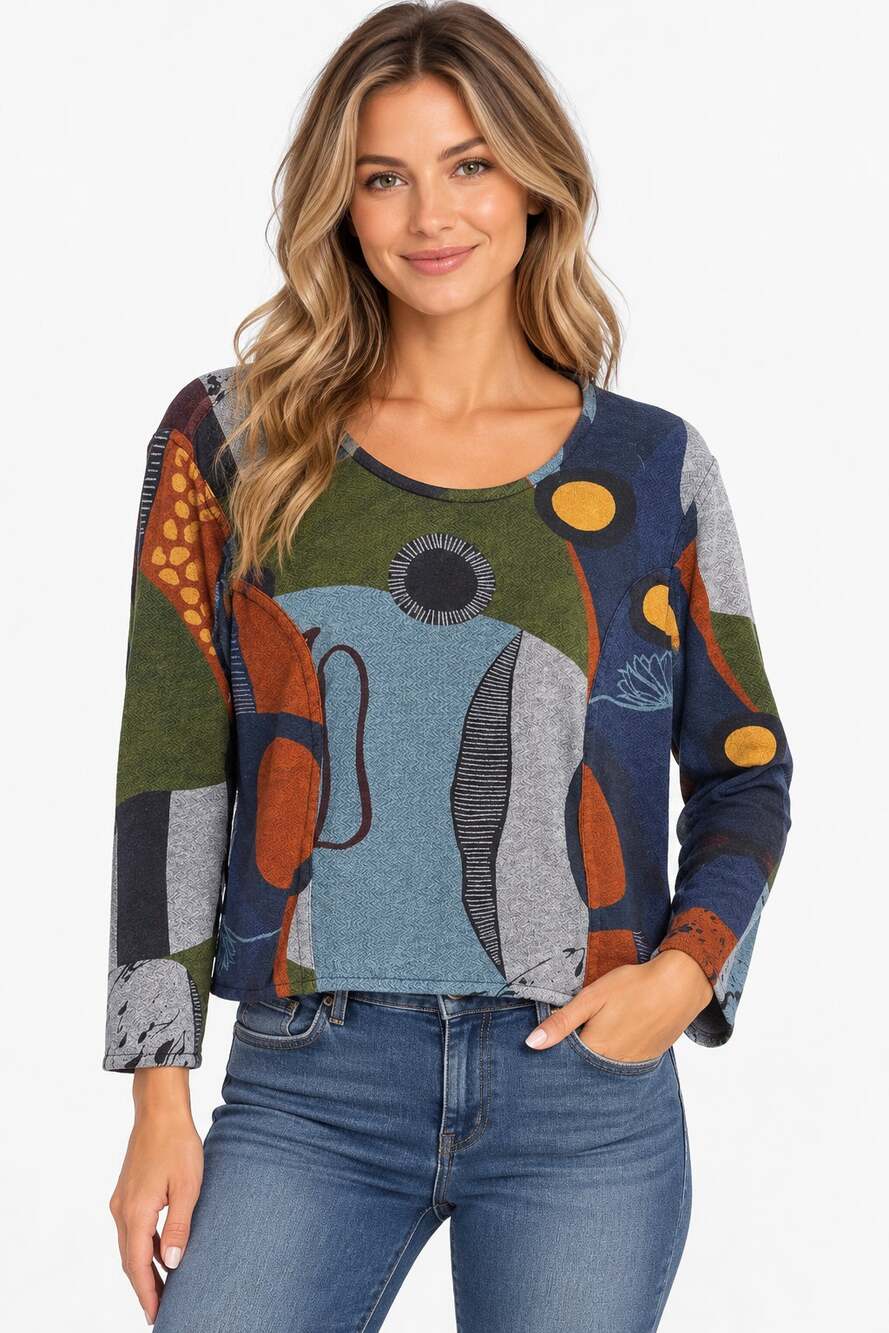 Parsley & Sage Women’s Abstract Art Print Long Sleeve Top Size M Boho